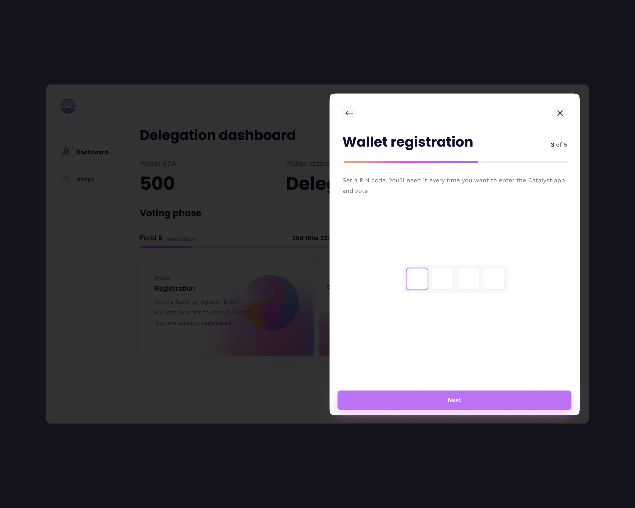 Wallet registration modal in light mode